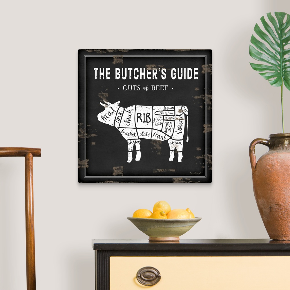 A traditional room featuring Rustic square chart showing cuts of beef in black and white.