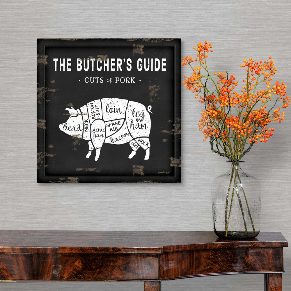 A traditional room featuring Rustic square chart showing cuts of pork in black and white.