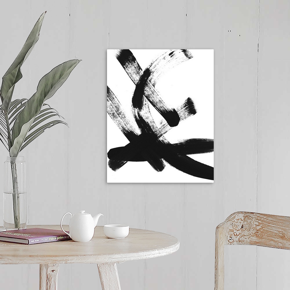 A farmhouse room featuring Abstract contemporary artwork with broad pitch black brush strokes on white.