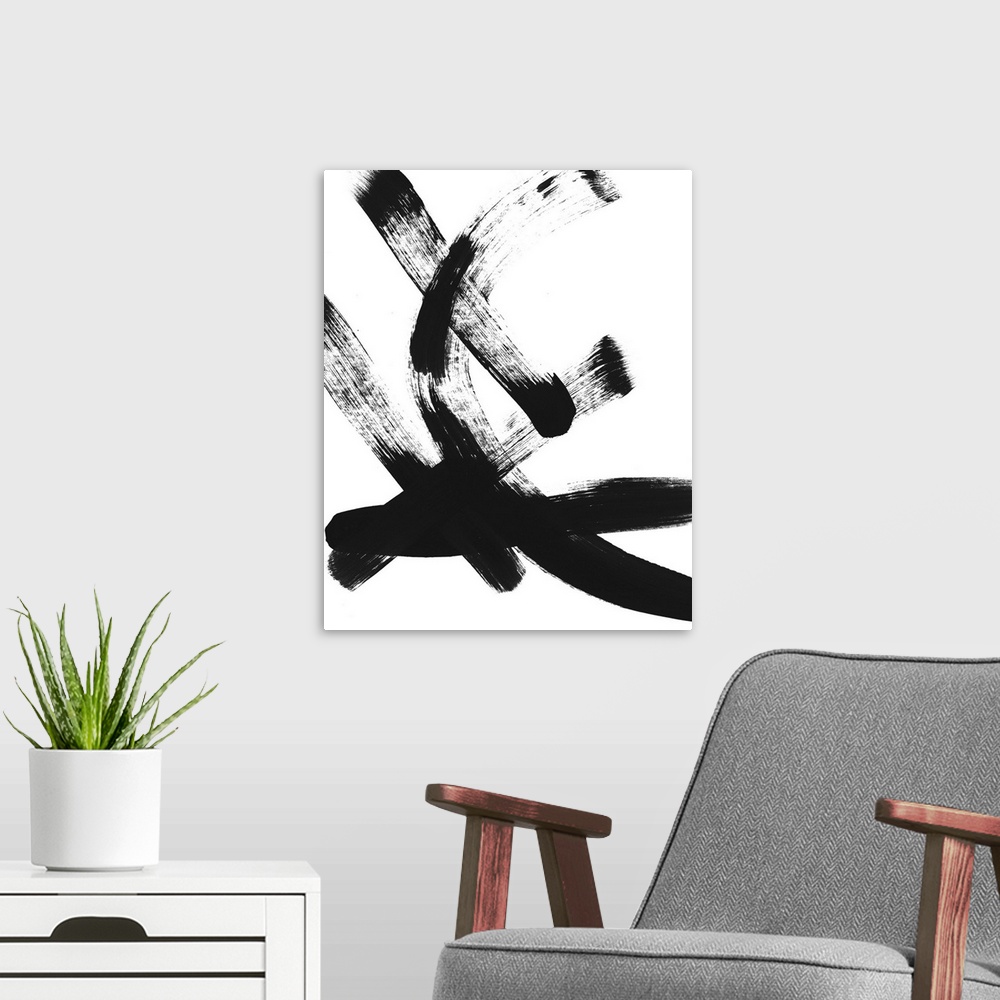 A modern room featuring Abstract contemporary artwork with broad pitch black brush strokes on white.