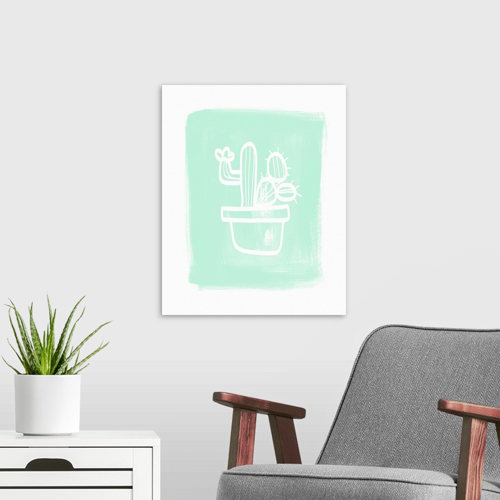A modern room featuring Contemporary art with a detailed outline of a cactus in a pot, on a background of a roughly paint...