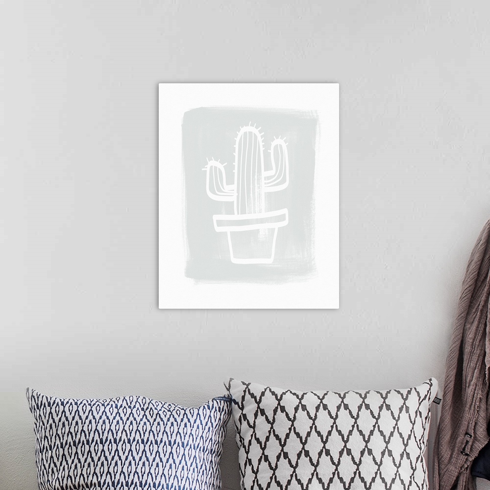A bohemian room featuring Contemporary art with a detailed outline of a cactus in a pot, on a background of a roughly paint...