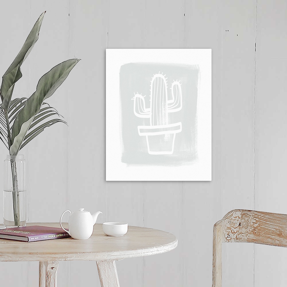 A farmhouse room featuring Contemporary art with a detailed outline of a cactus in a pot, on a background of a roughly paint...