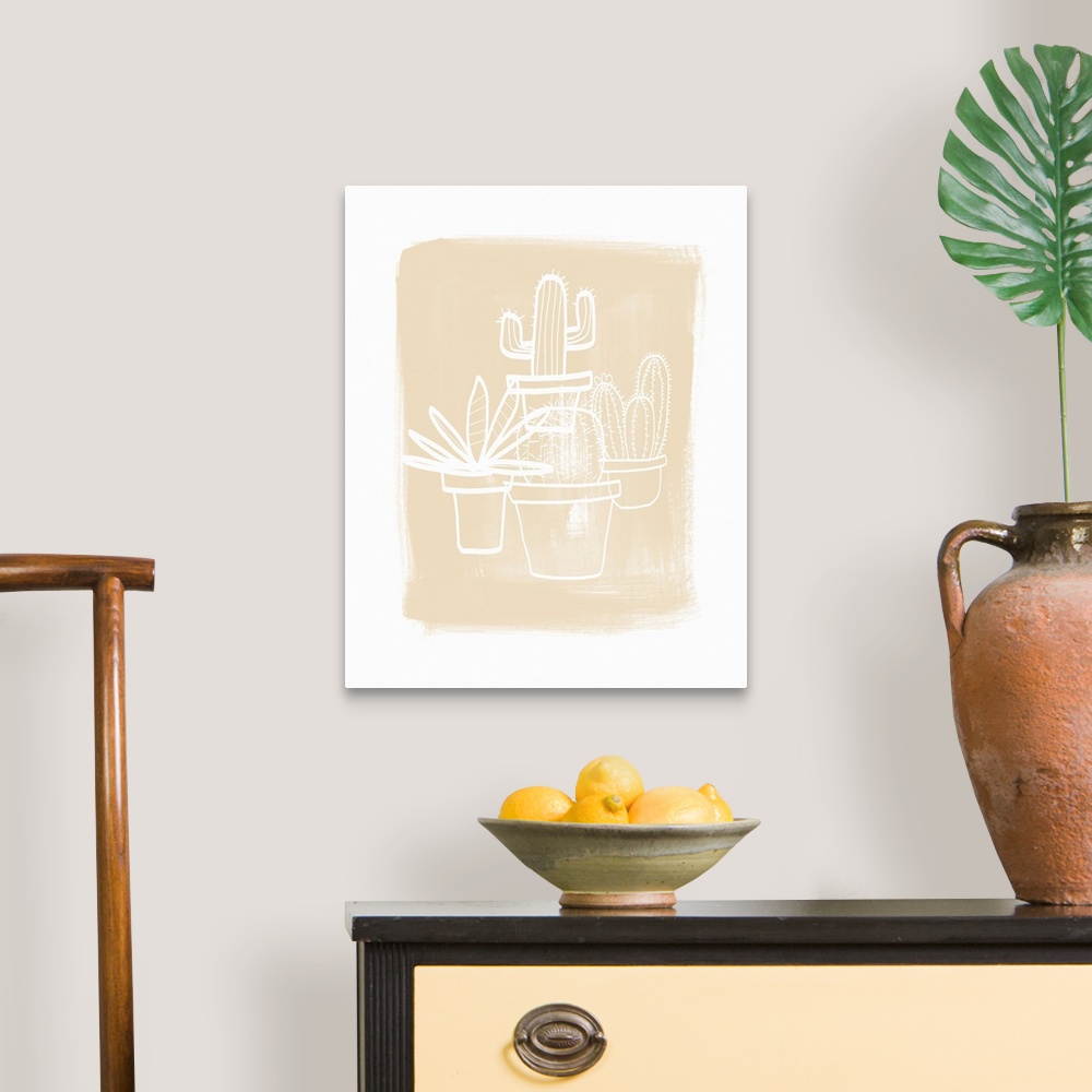 A traditional room featuring Contemporary art with a detailed outline of several cactus in a pots, on a background of a roughl...