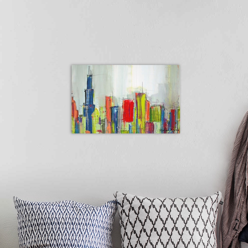 A bohemian room featuring Contemporary painting of the Chicago city skyline in multiple colors.