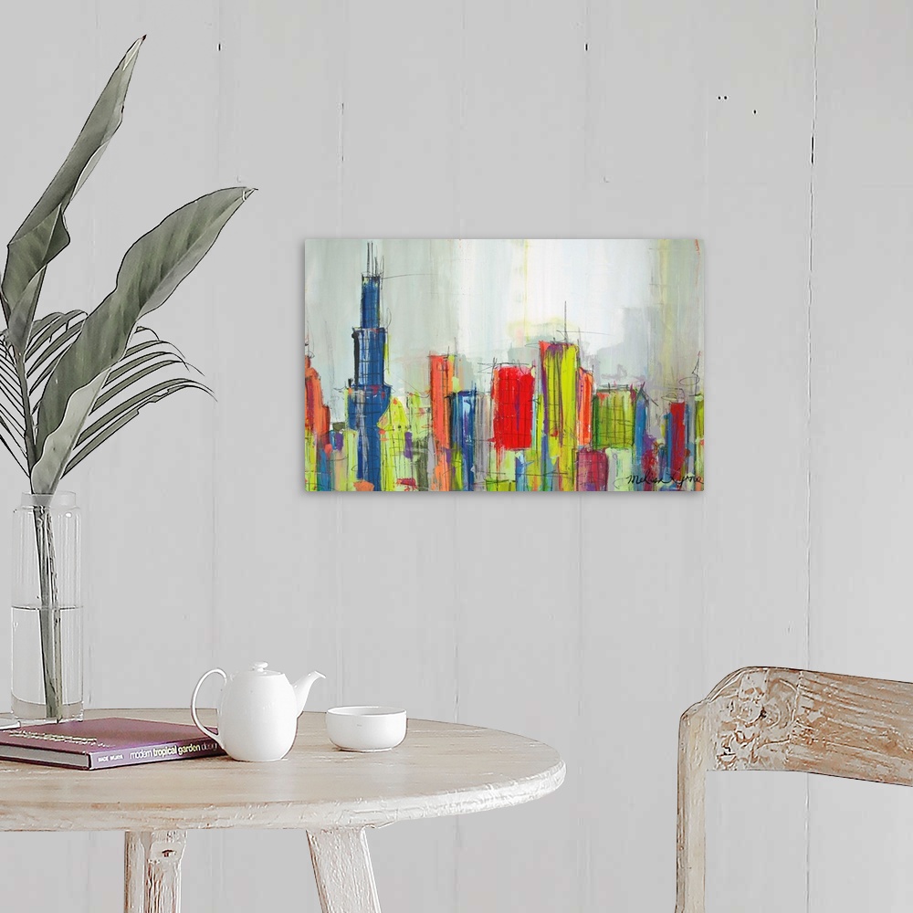 A farmhouse room featuring Contemporary painting of the Chicago city skyline in multiple colors.