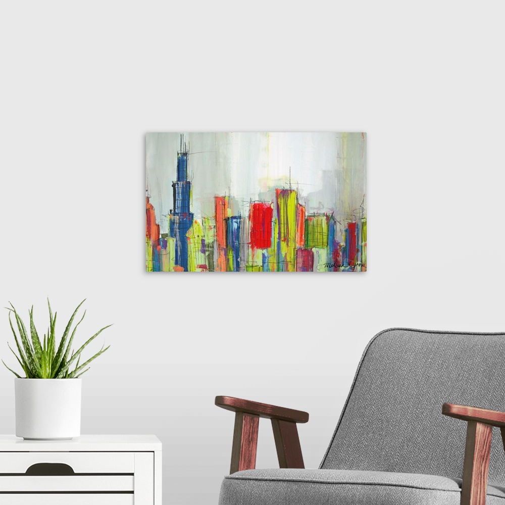 A modern room featuring Contemporary painting of the Chicago city skyline in multiple colors.