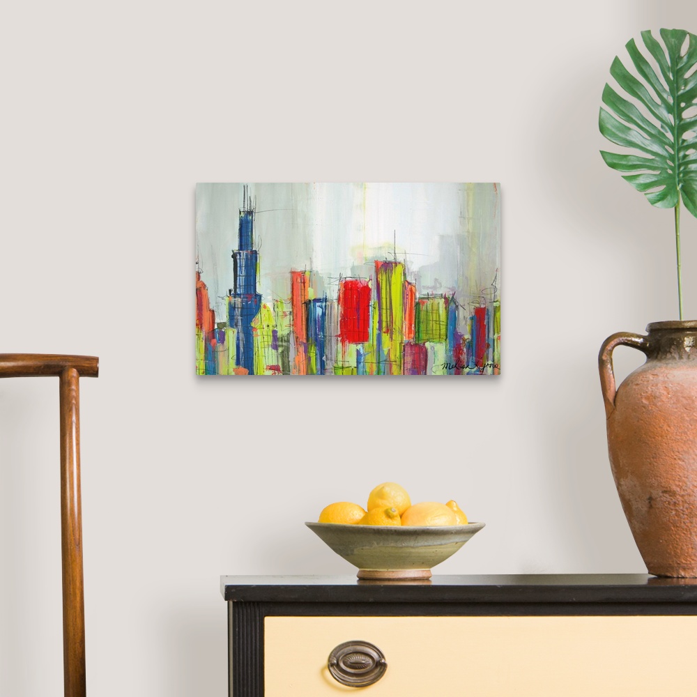 A traditional room featuring Contemporary painting of the Chicago city skyline in multiple colors.