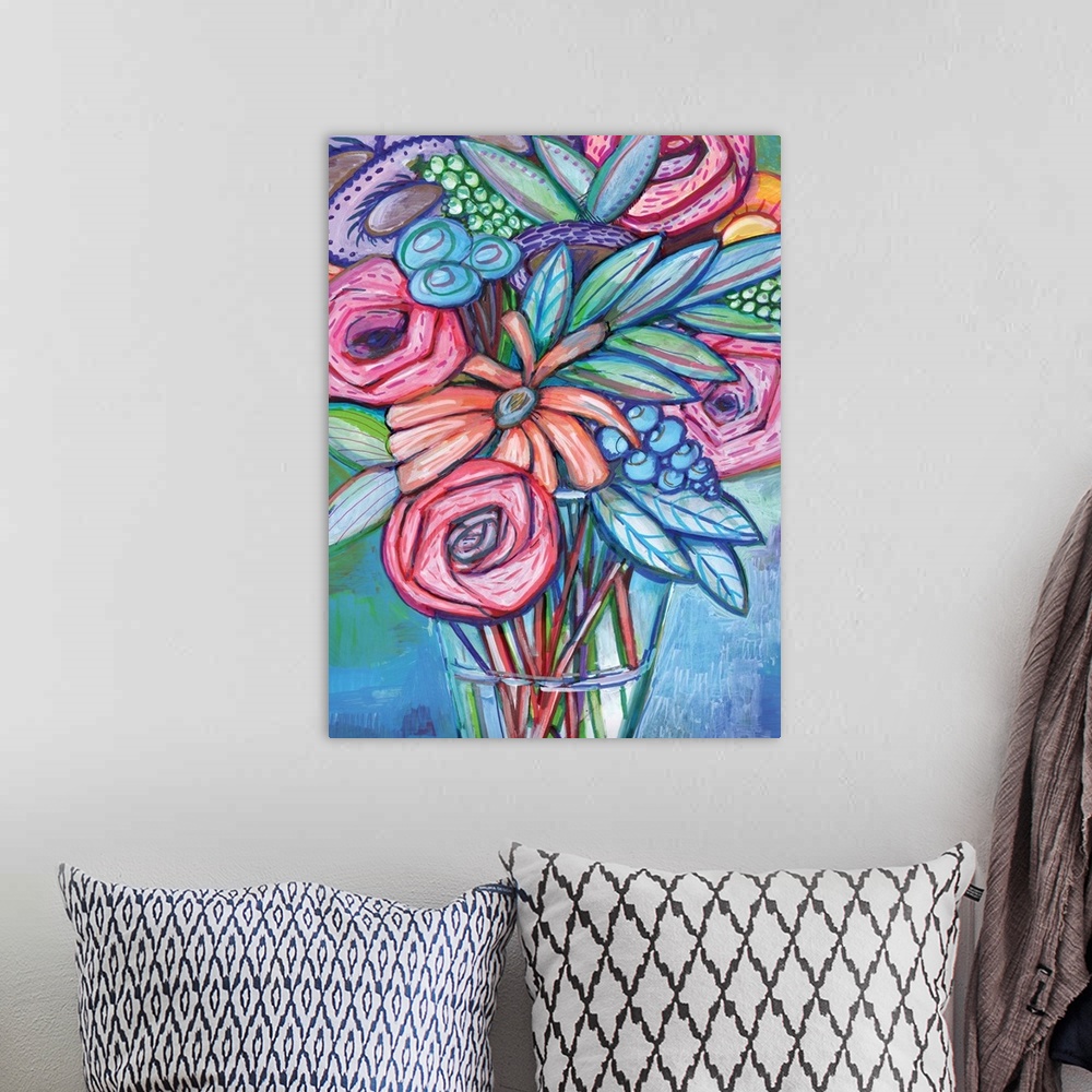 A bohemian room featuring Colorful painting of a bouquet of wildflowers in a glass vase on a blue and green background.