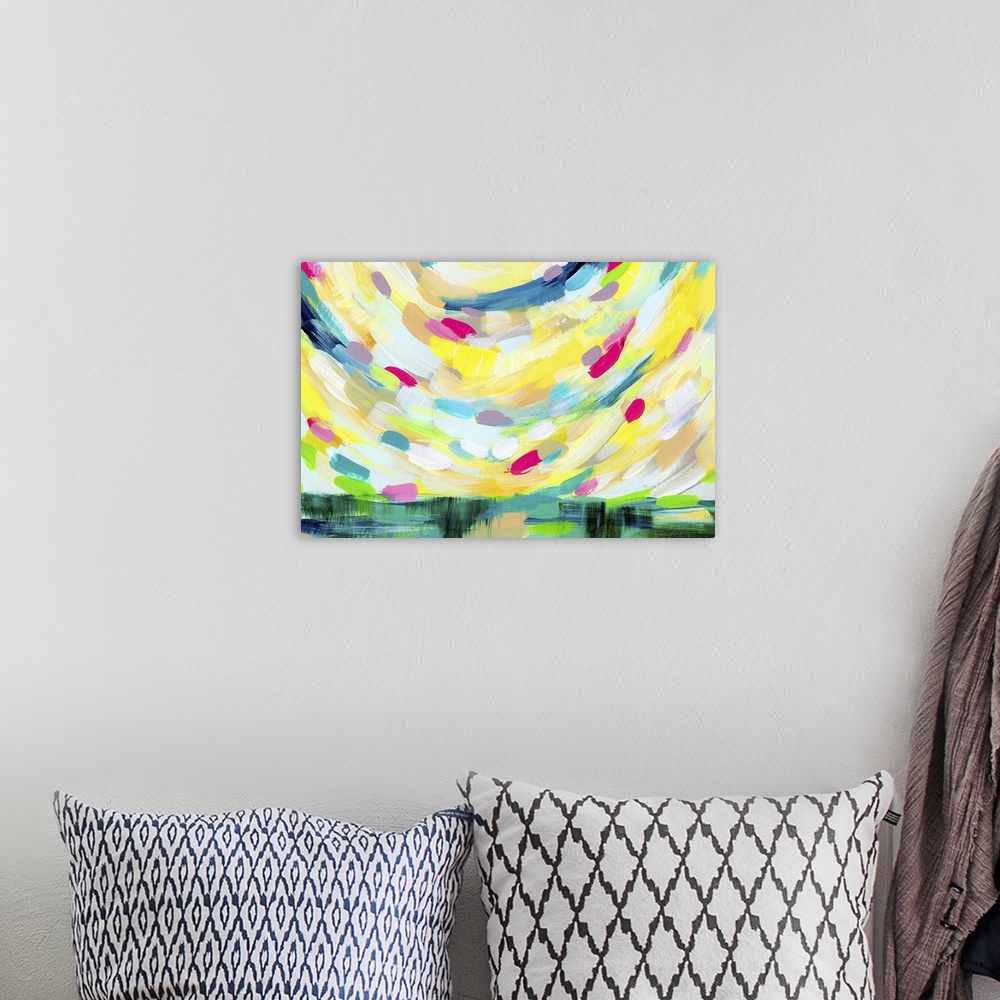 A bohemian room featuring Colorful contemporary abstract artwork using broad strokes and bold colors.