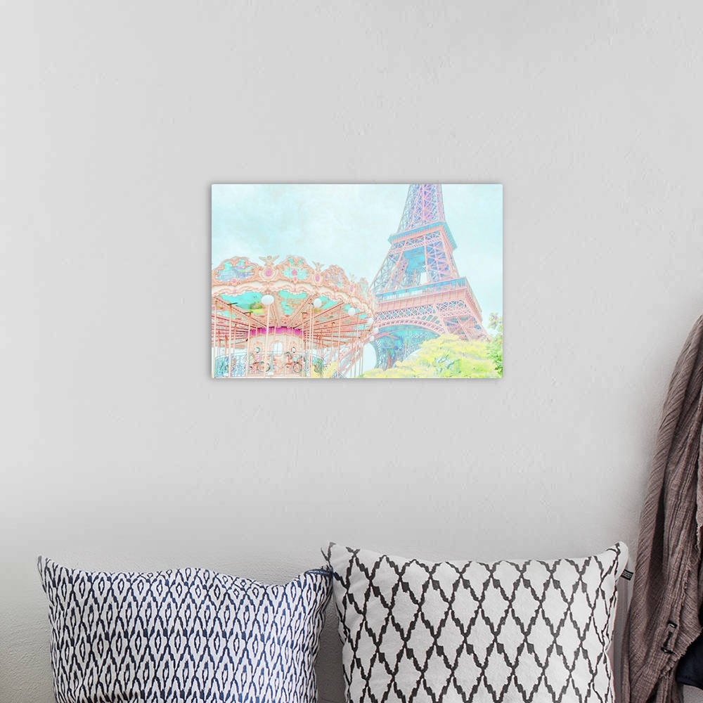 A bohemian room featuring A photo of the Eiffel tower and a carousel from a ground's point of view, edited to a pastel effect.