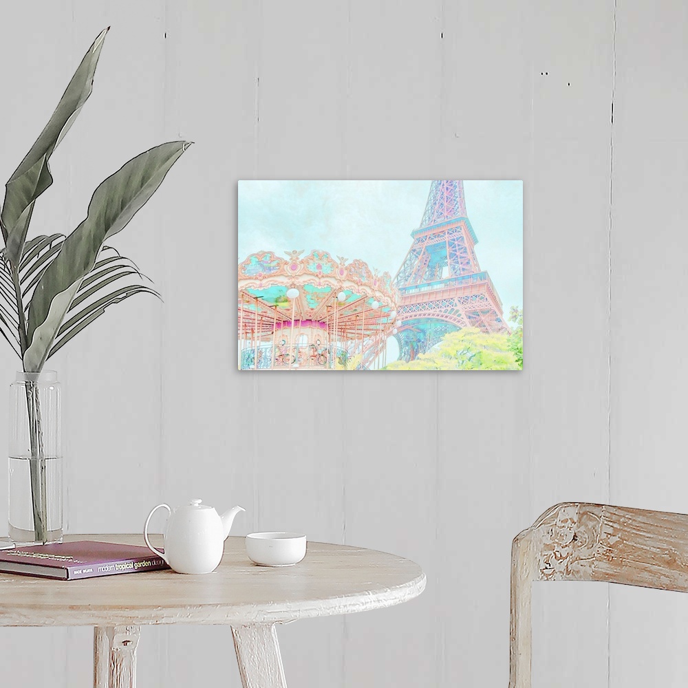 A farmhouse room featuring A photo of the Eiffel tower and a carousel from a ground's point of view, edited to a pastel effect.