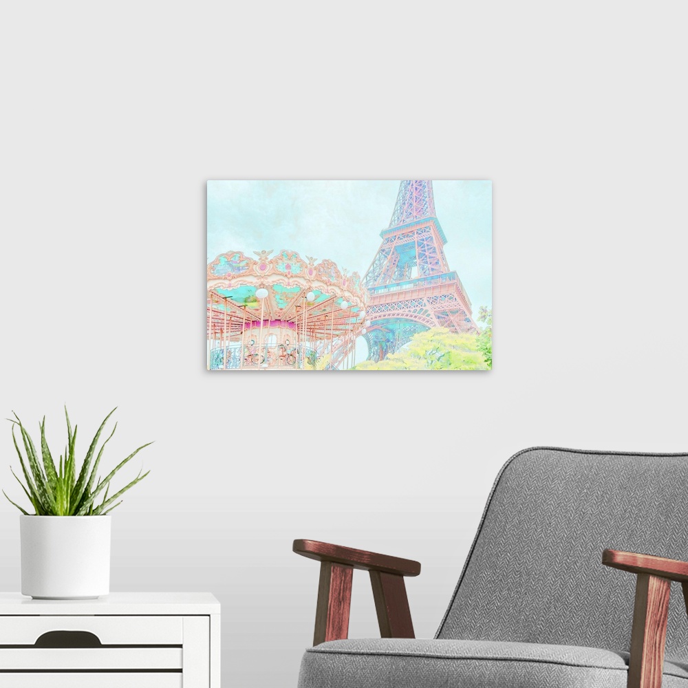 A modern room featuring A photo of the Eiffel tower and a carousel from a ground's point of view, edited to a pastel effect.