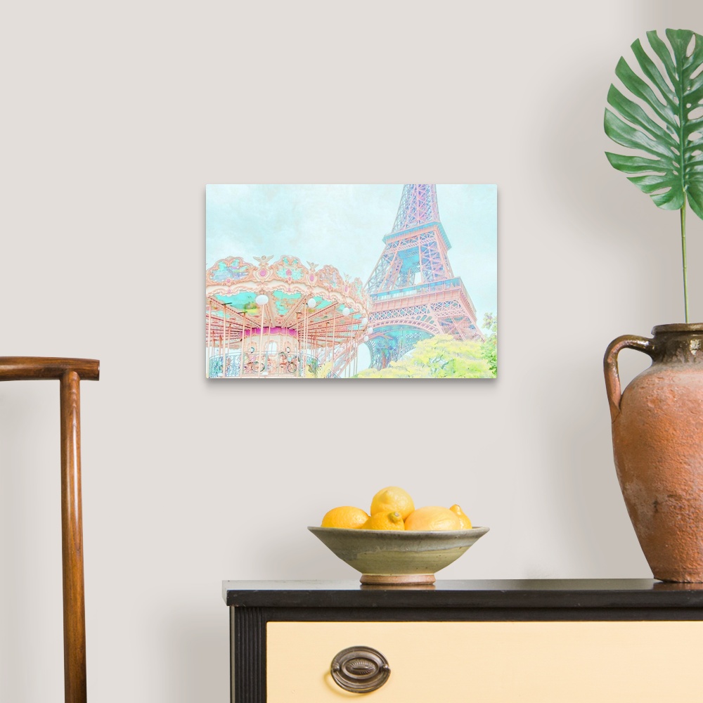 A traditional room featuring A photo of the Eiffel tower and a carousel from a ground's point of view, edited to a pastel effect.