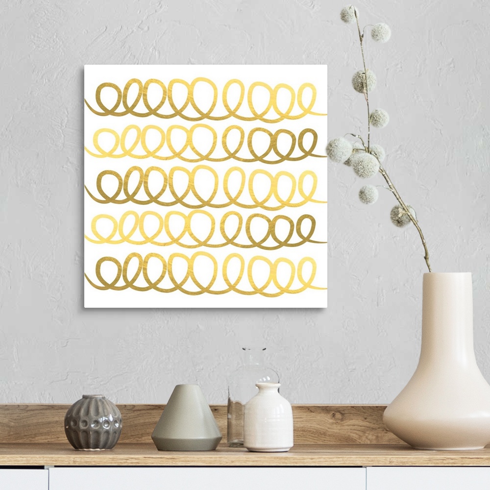 A farmhouse room featuring Contemporary decorative repeating gold loop design against a white background.