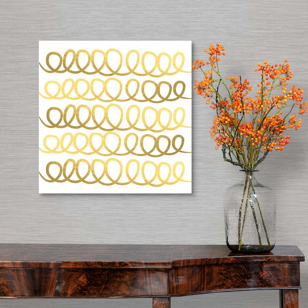 A traditional room featuring Contemporary decorative repeating gold loop design against a white background.