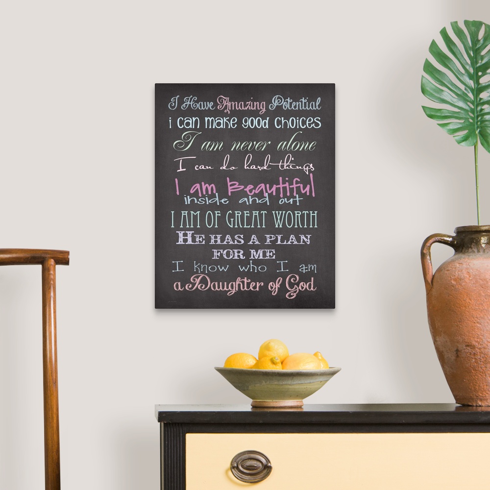 A traditional room featuring Contemporary handlettered chalkboard art, with colorful lettering.