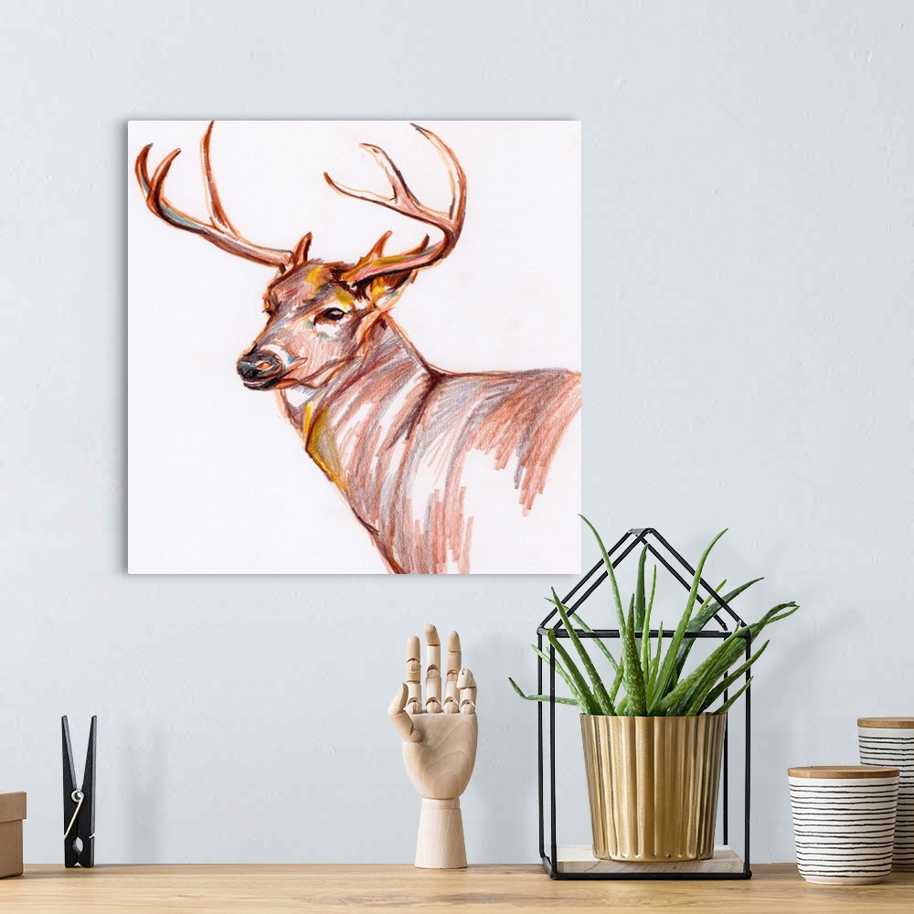 A bohemian room featuring An illustration of a deer in colored pencil.