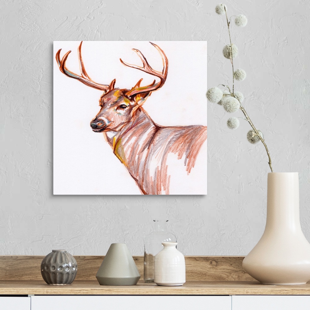 A farmhouse room featuring An illustration of a deer in colored pencil.