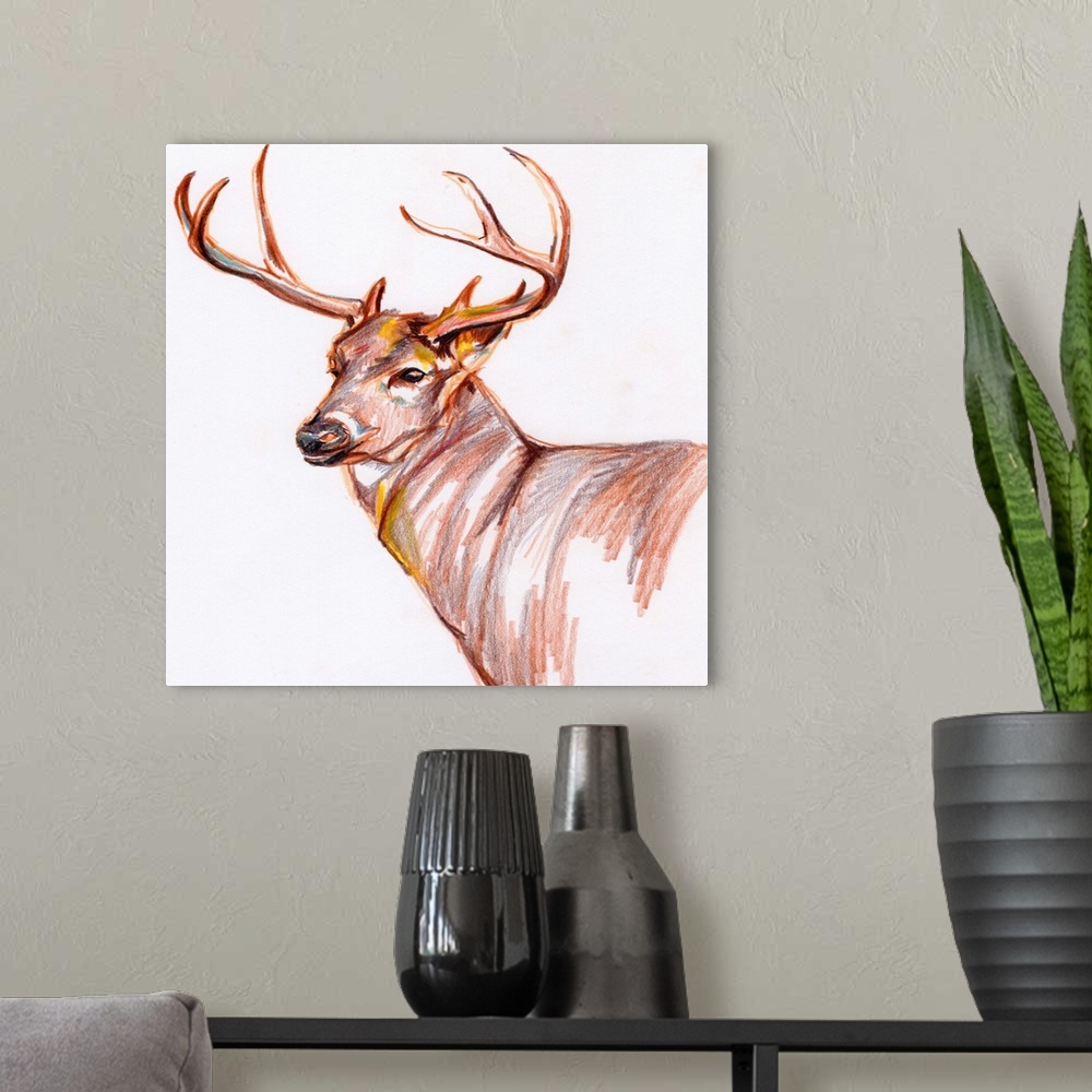 A modern room featuring An illustration of a deer in colored pencil.