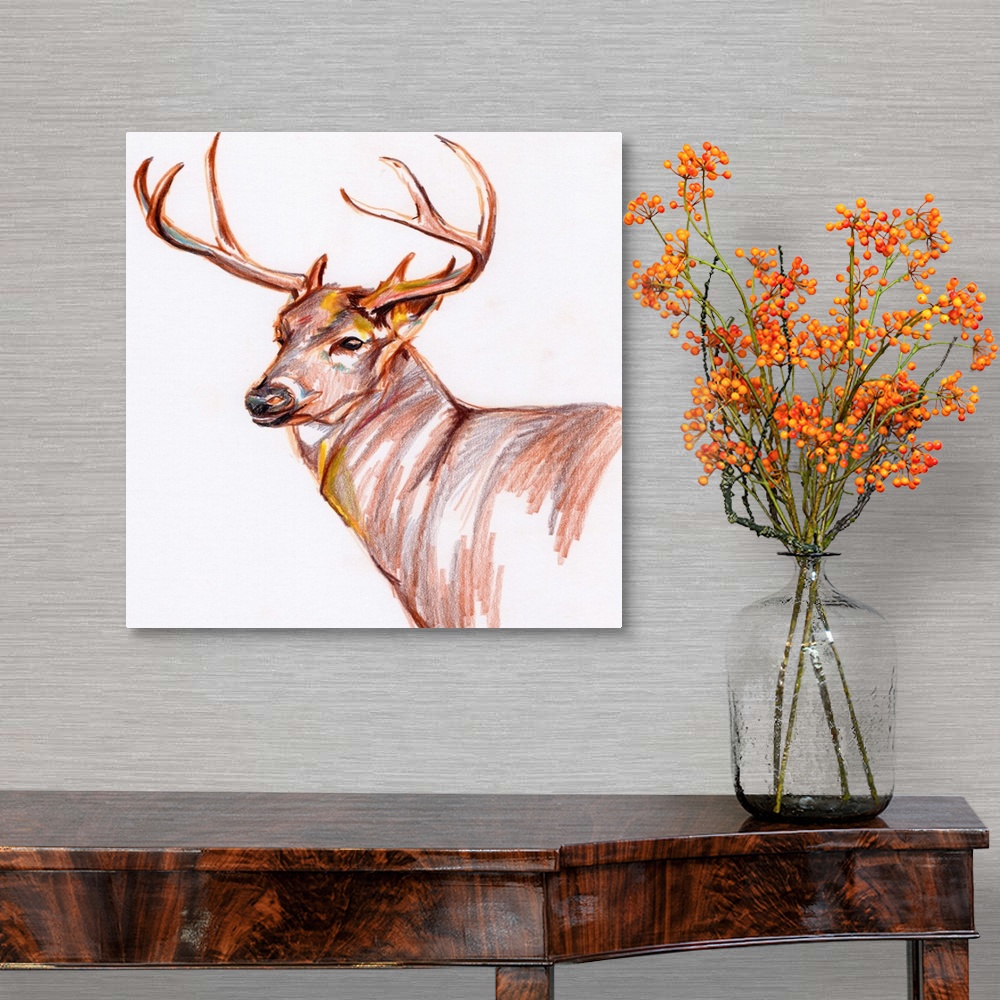 A traditional room featuring An illustration of a deer in colored pencil.