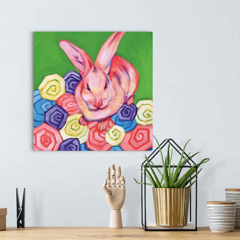 A bohemian room featuring Contemporary painting of a pink rabbit sitting on colorful pastel flowers.