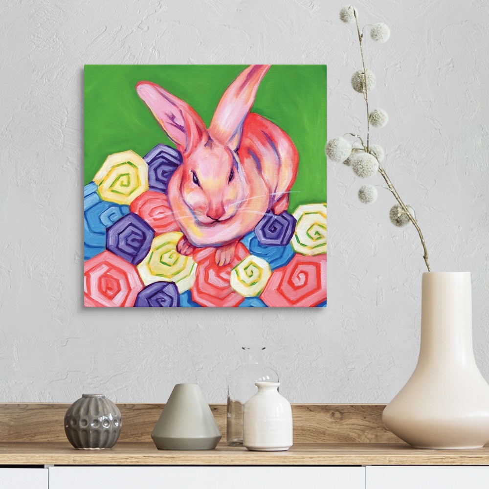 A farmhouse room featuring Contemporary painting of a pink rabbit sitting on colorful pastel flowers.