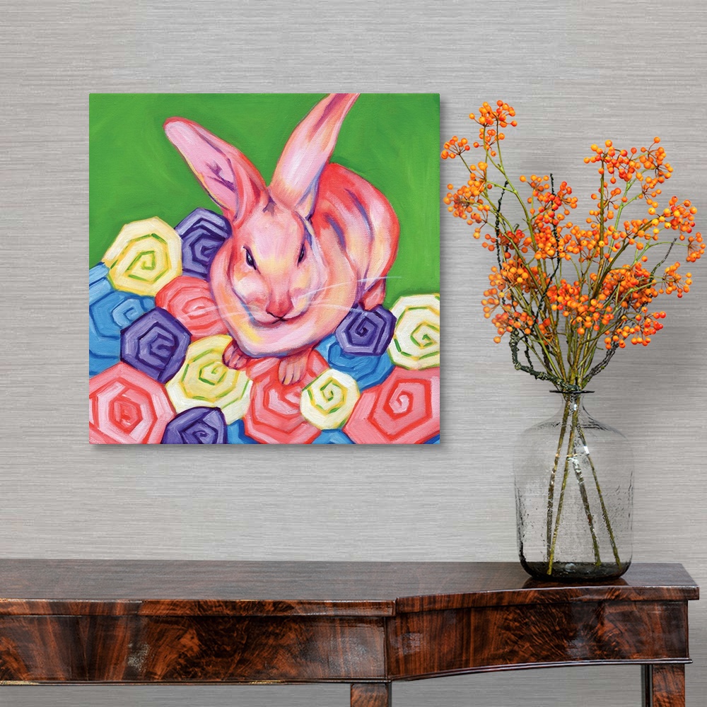 A traditional room featuring Contemporary painting of a pink rabbit sitting on colorful pastel flowers.