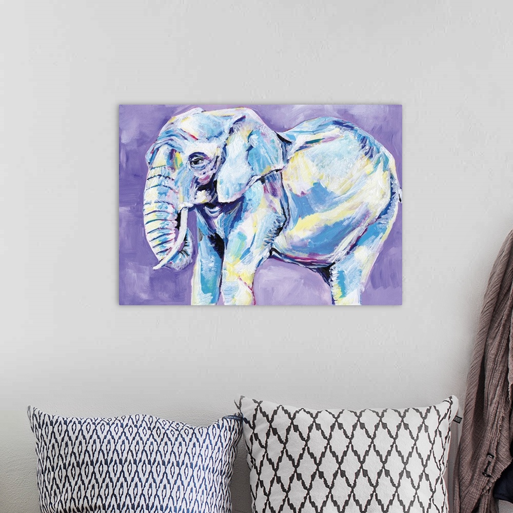 A bohemian room featuring A contemporary painting of a elephant in shades of yellow and blue on a purple background.
