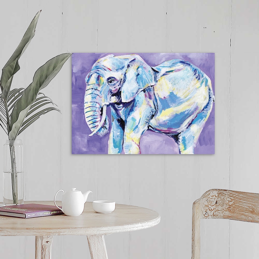 A farmhouse room featuring A contemporary painting of a elephant in shades of yellow and blue on a purple background.