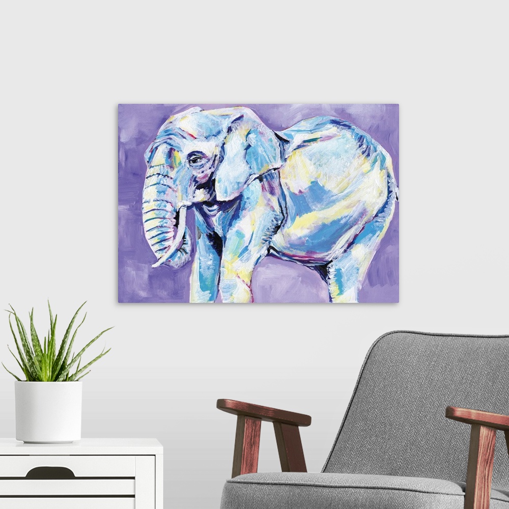 A modern room featuring A contemporary painting of a elephant in shades of yellow and blue on a purple background.