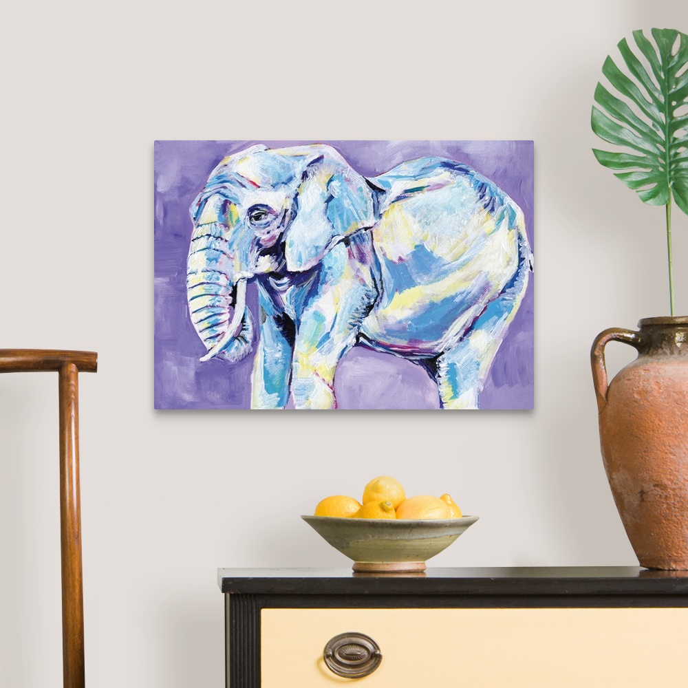 A traditional room featuring A contemporary painting of a elephant in shades of yellow and blue on a purple background.