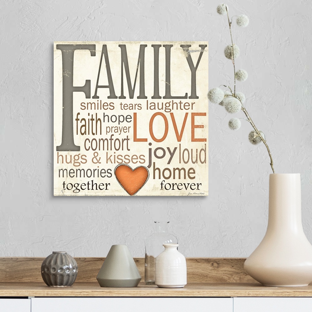 A farmhouse room featuring Square wall art of different descriptive words describing a family on a neutral backdrop.