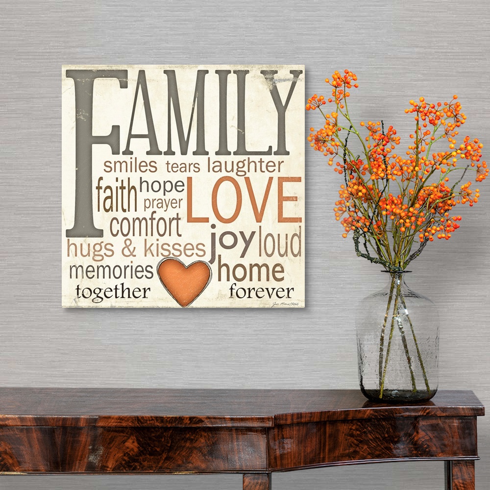 A traditional room featuring Square wall art of different descriptive words describing a family on a neutral backdrop.