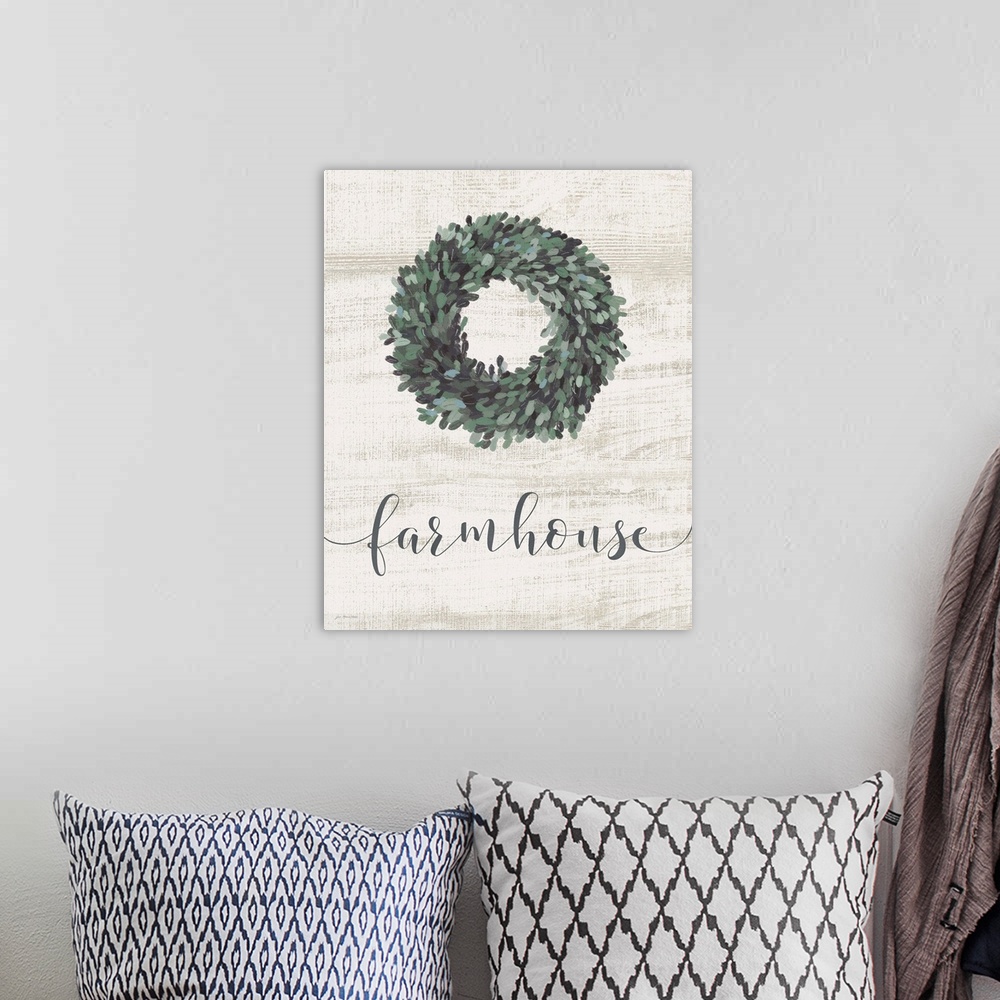A bohemian room featuring Distressed typographic art with a wreath on a white shiplap wood background.