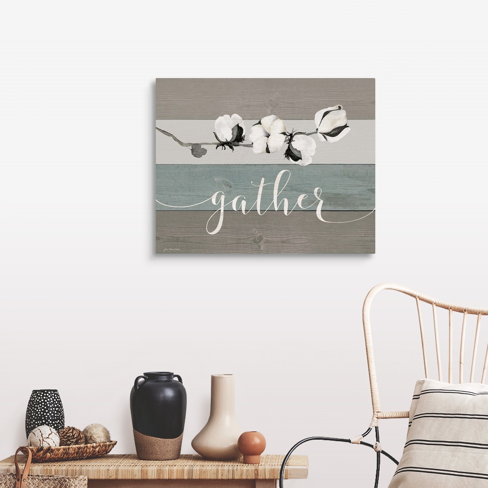 A farmhouse room featuring "Gather" with cotton on a gray and blue shiplap wood background.