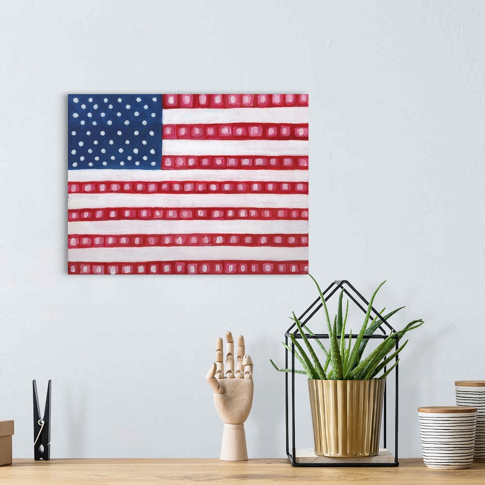 A bohemian room featuring Contemporary painting of the American Flag with a twist, squares on the red stripes.