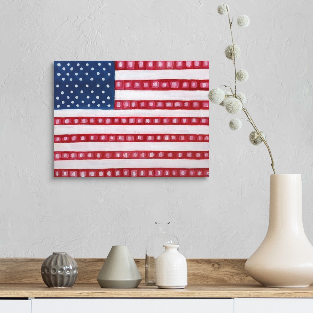 A farmhouse room featuring Contemporary painting of the American Flag with a twist, squares on the red stripes.