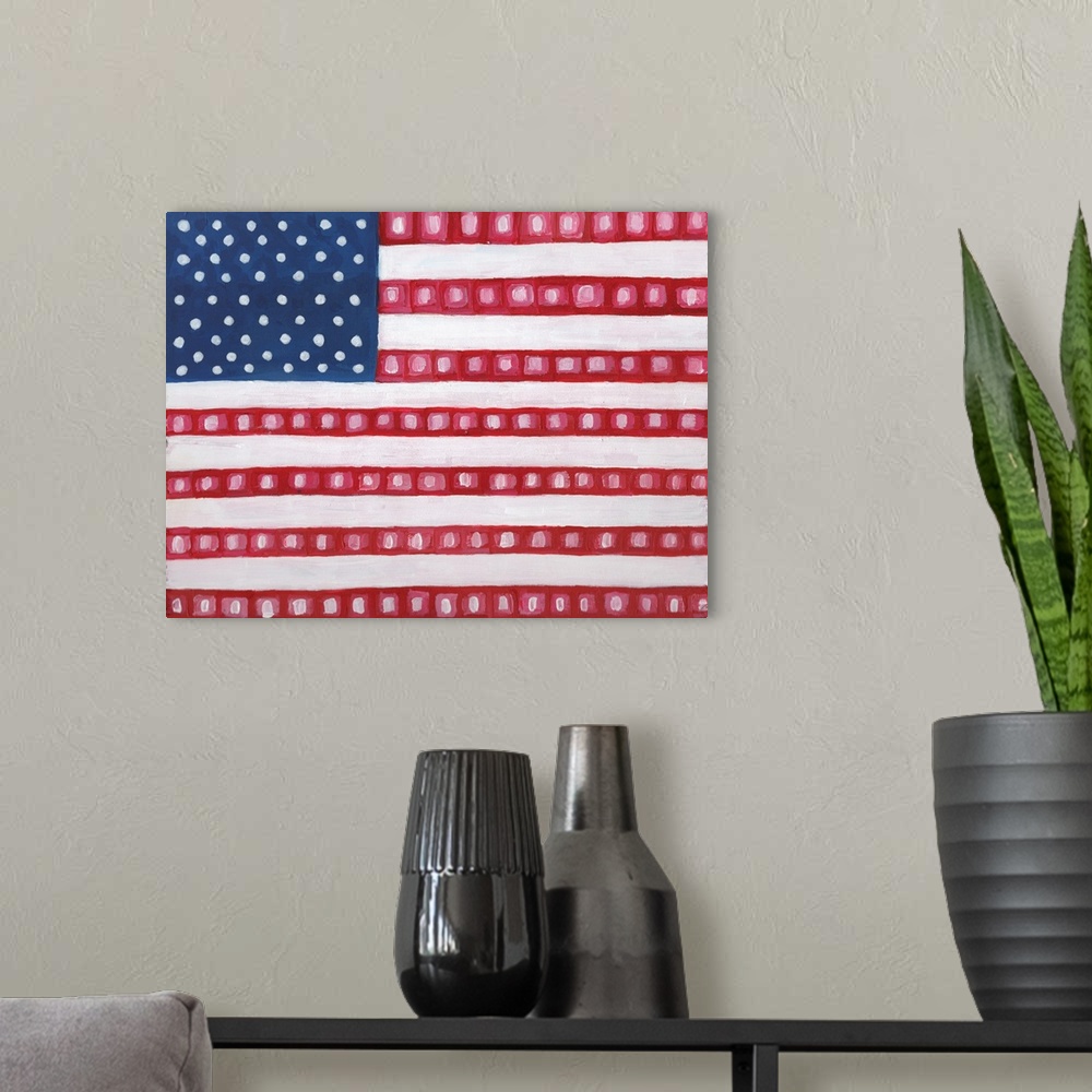 A modern room featuring Contemporary painting of the American Flag with a twist, squares on the red stripes.