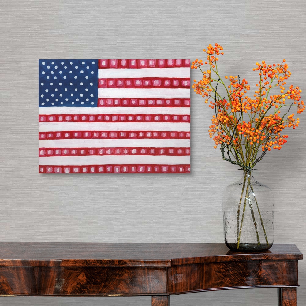 A traditional room featuring Contemporary painting of the American Flag with a twist, squares on the red stripes.