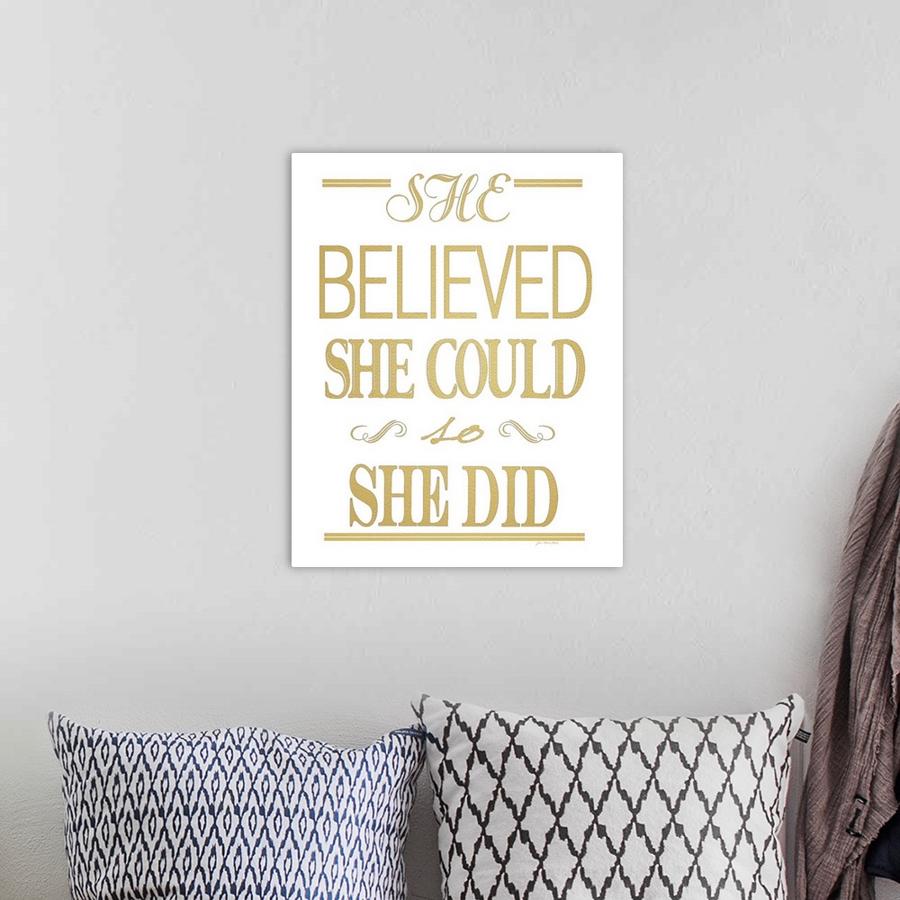 A bohemian room featuring Inspirational sentiment in gold lettering against a white background.