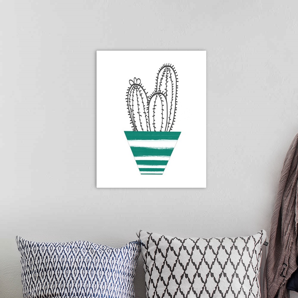 A bohemian room featuring Illustration of black and white cacti planted in a green and white striped pot.