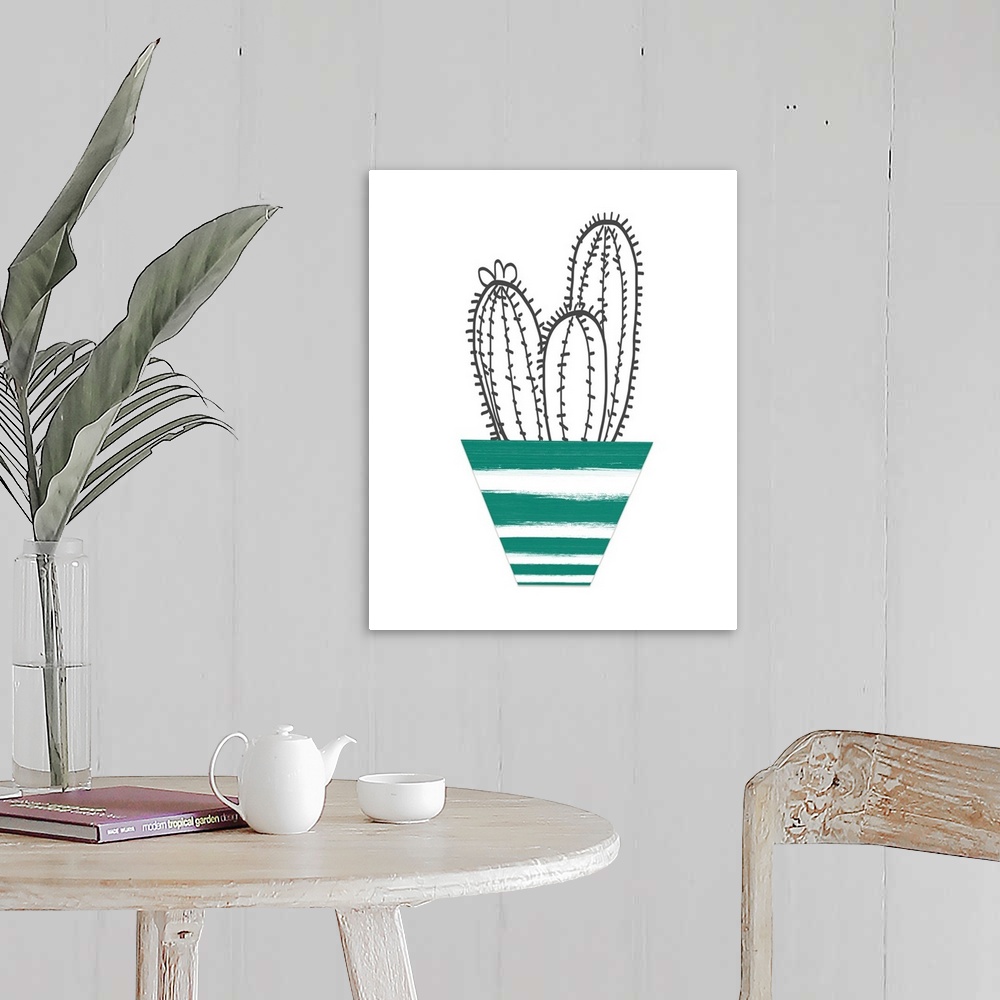 A farmhouse room featuring Illustration of black and white cacti planted in a green and white striped pot.