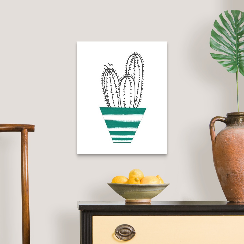 A traditional room featuring Illustration of black and white cacti planted in a green and white striped pot.