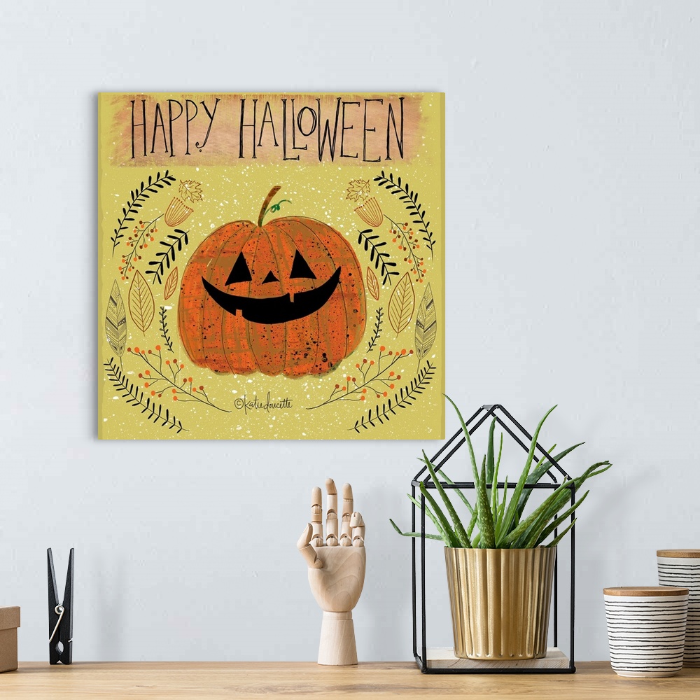 A bohemian room featuring Halloween themed home decor artwork.