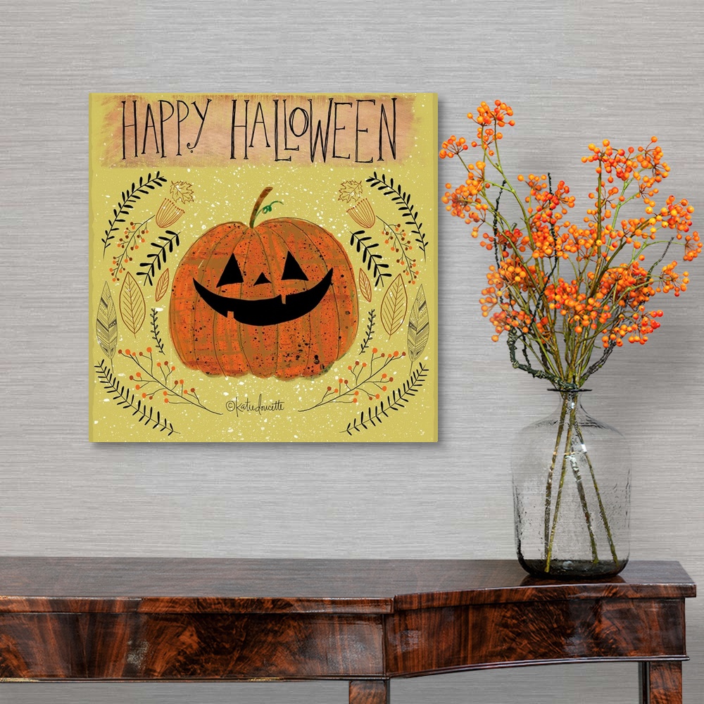 A traditional room featuring Halloween themed home decor artwork.