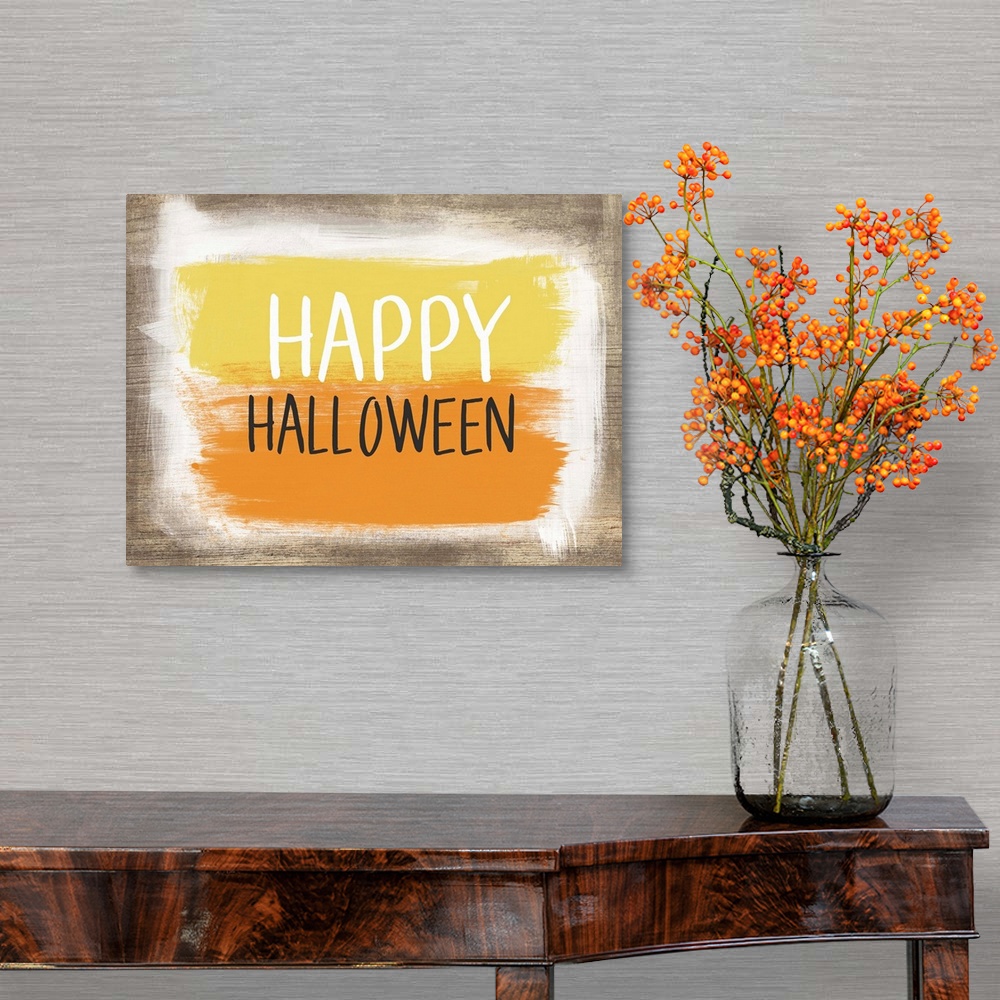 A traditional room featuring Halloween typography artwork with a painted wooden board effect in yellow and orange.
