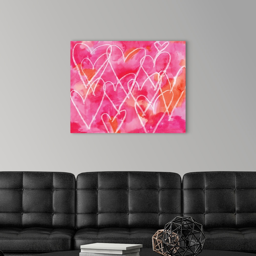 A modern room featuring White outlines of hearts on a pink and orange background.