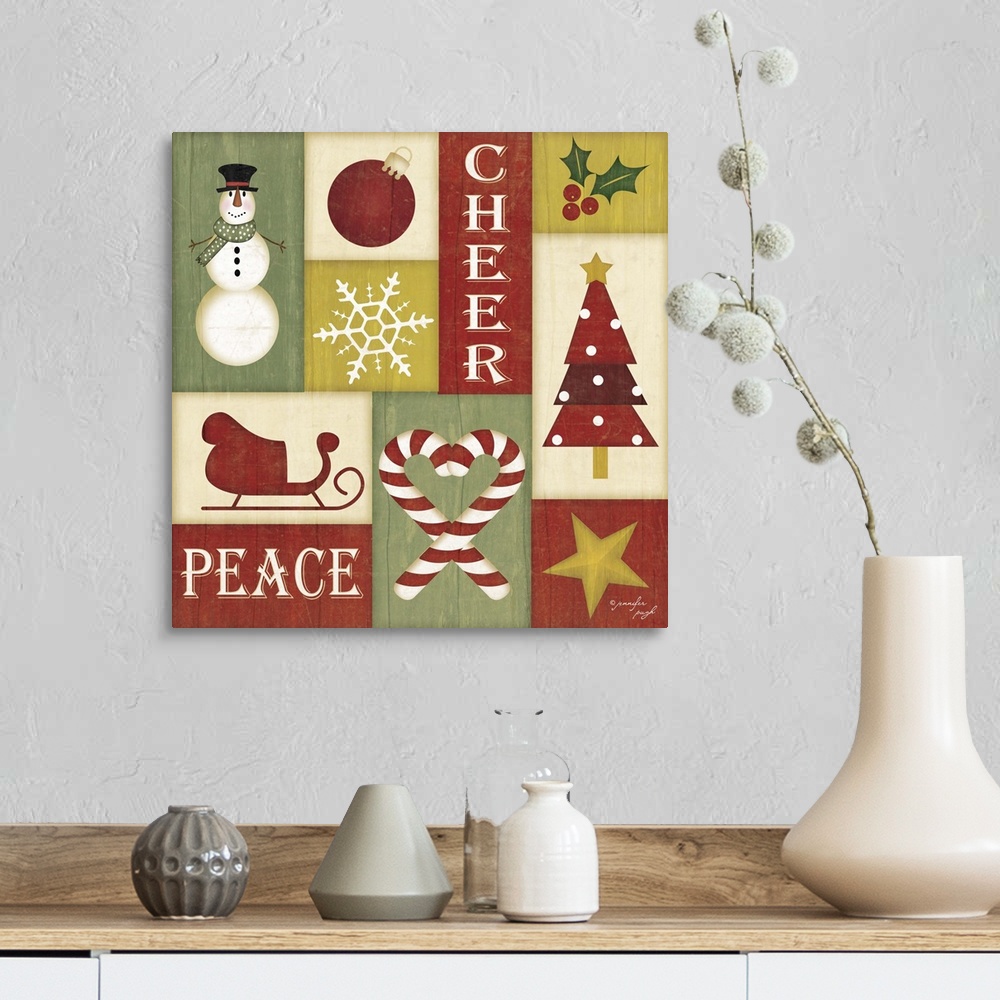 A farmhouse room featuring Holiday sentiments and designs on a colorful background.