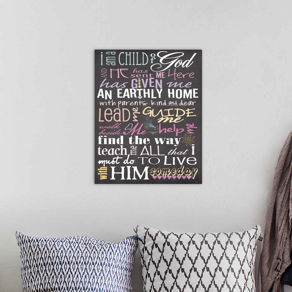 A bohemian room featuring Contemporary handlettered chalkboard art, with colorful lettering.